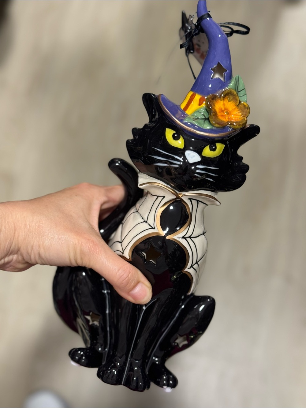 Blue Sky Black Cat Figurine with Purple Witch Hat and Yellow Eyes